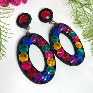 VINTAGE⚜️RETRO Multicolor Crystal Black Velvet Clip Earrings